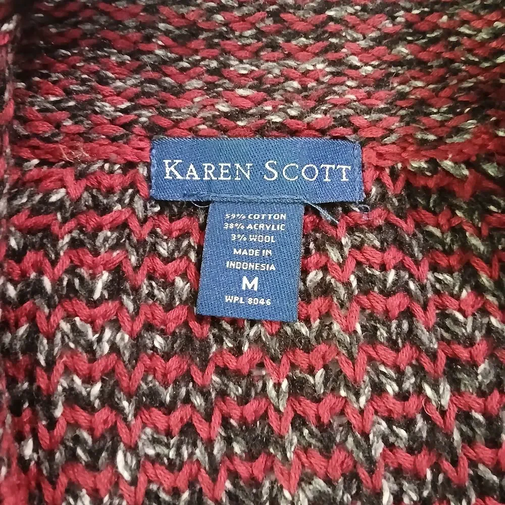Karen Scott Med Maroon/Brown/White 2-Button Long-Sleeved Cardigan Sweater